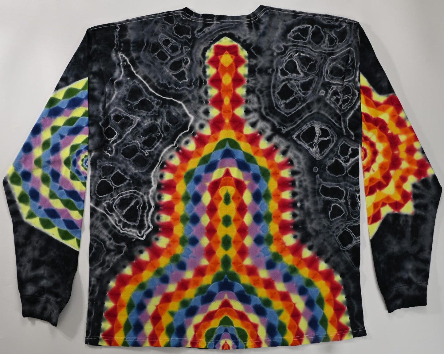 XL Super Heady UV Reactive Hexagon>Dodecagram Frnt/Geometric Tower Bck/Decagram R Slv/Octagon L Slv/Geode +Scrunch Tie Dye Long Slv Shirt