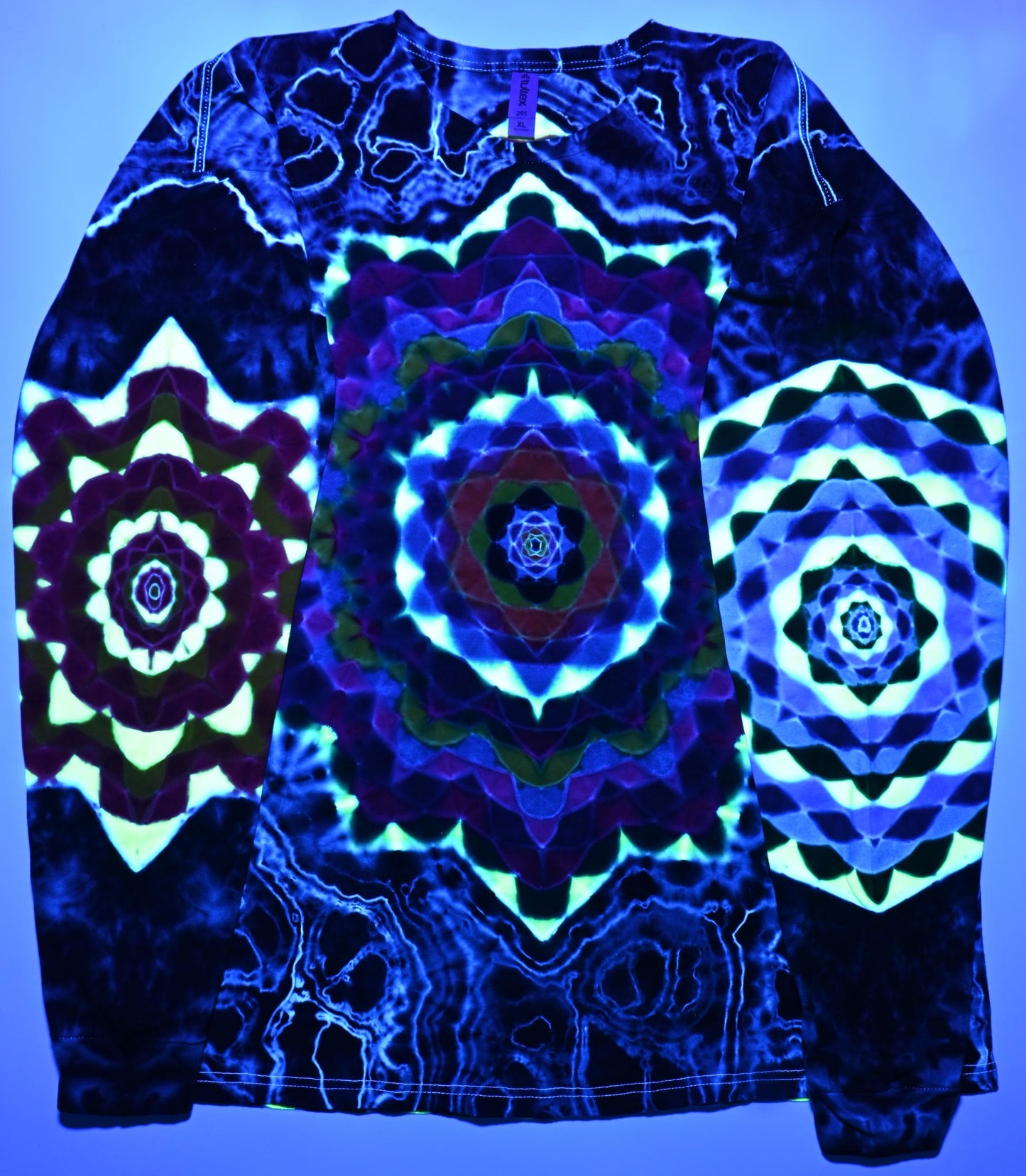 XL Super Heady UV Reactive Hexagon>Dodecagram Frnt/Geometric Tower Bck/Decagram R Slv/Octagon L Slv/Geode +Scrunch Tie Dye Long Slv Shirt