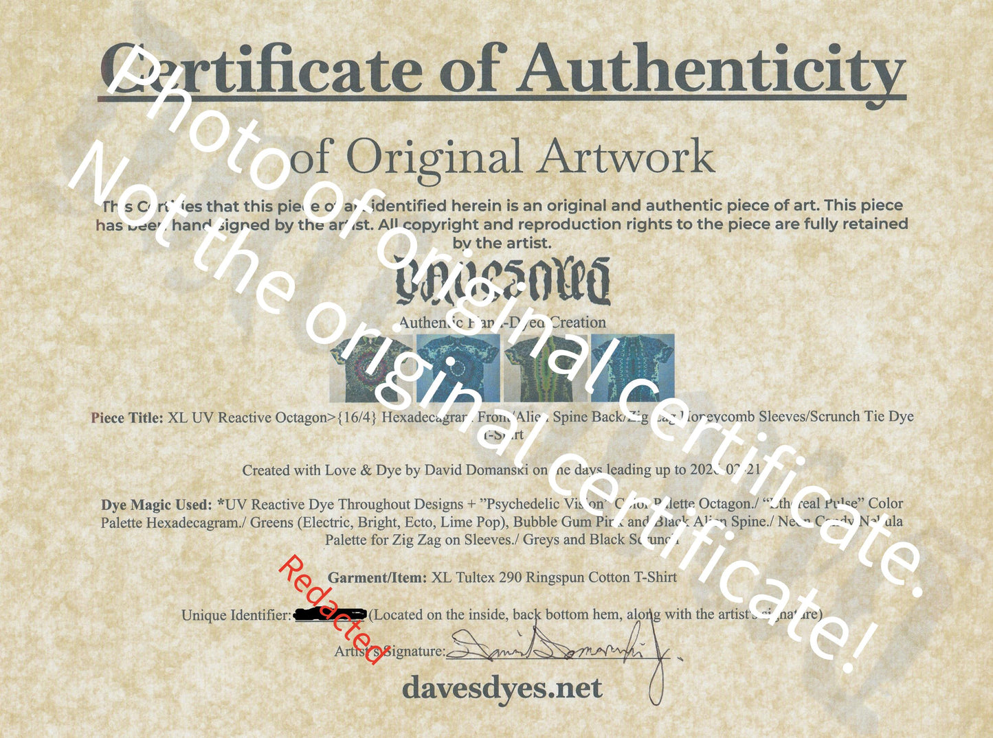 XL Heady UV Reactive Octagon>{16/4} Hexadecagram Front/Stepped Alien Spine Back/Zig Zag Honeycomb Sleeves, Scrunch Tie Dye Tultex T-Shirt