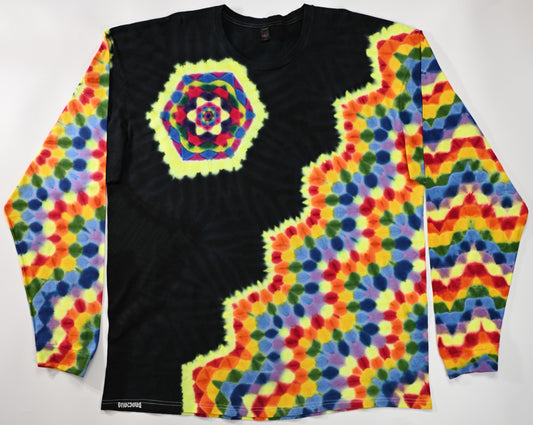 3X UV Reactive Hexagon Rght side of Chest + Back/Zig Zag Honeycomb/ Black* Filler Tie Dye on a Tultex 291 Ringspun Cotton Long Sleeve Shirt#