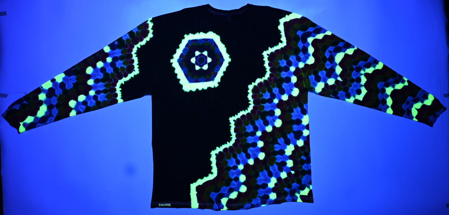 3X UV Reactive Hexagon Rght side of Chest + Back/Zig Zag Honeycomb/ Black* Filler Tie Dye on a Tultex 291 Ringspun Cotton Long Sleeve Shirt#