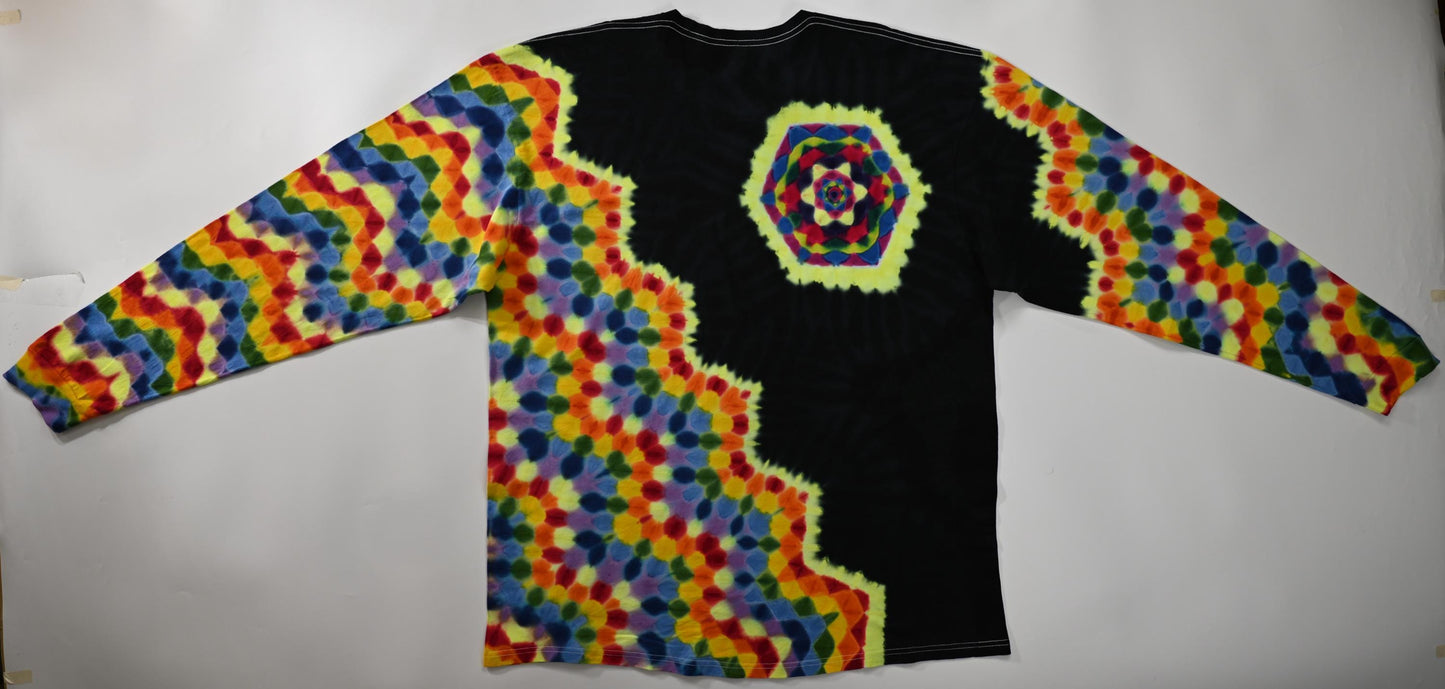 3X UV Reactive Hexagon Rght side of Chest + Back/Zig Zag Honeycomb/ Black* Filler Tie Dye on a Tultex 291 Ringspun Cotton Long Sleeve Shirt#