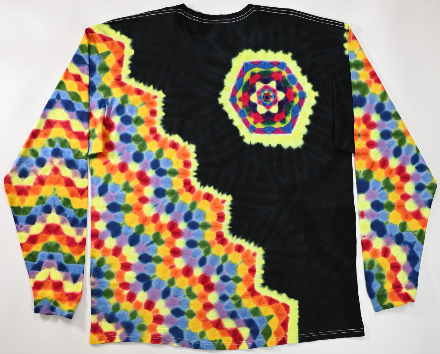 3X UV Reactive Hexagon Rght side of Chest + Back/Zig Zag Honeycomb/ Black* Filler Tie Dye on a Tultex 291 Ringspun Cotton Long Sleeve Shirt#