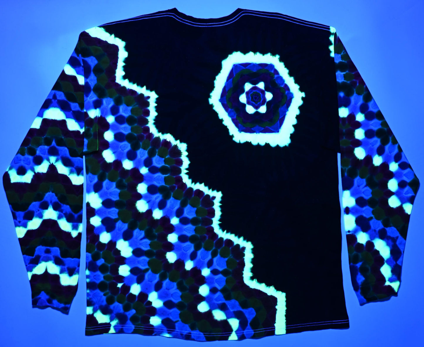 3X UV Reactive Hexagon Rght side of Chest + Back/Zig Zag Honeycomb/ Black* Filler Tie Dye on a Tultex 291 Ringspun Cotton Long Sleeve Shirt#