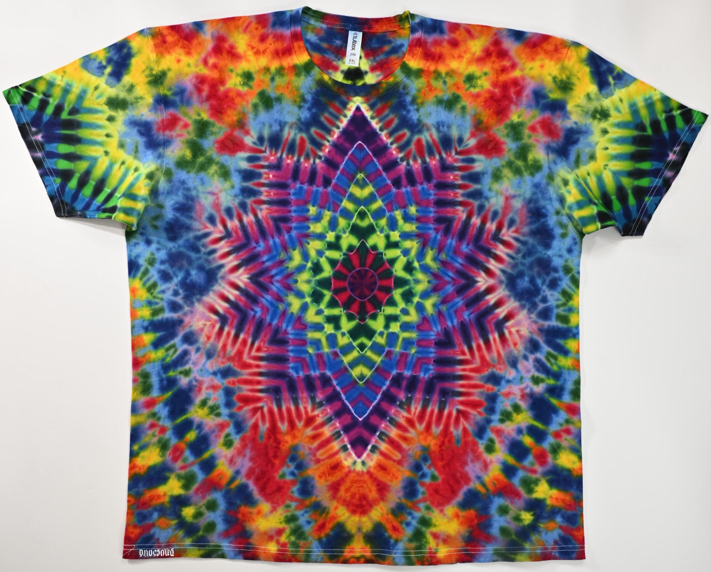 2X UV Reactive Neo DNA Decagram Front/Triangle Back/Zig Zag Sleeves/Rainbow Scrunch Tie Dye on a Tultex 290 Ringspun Cotton T-Shirt