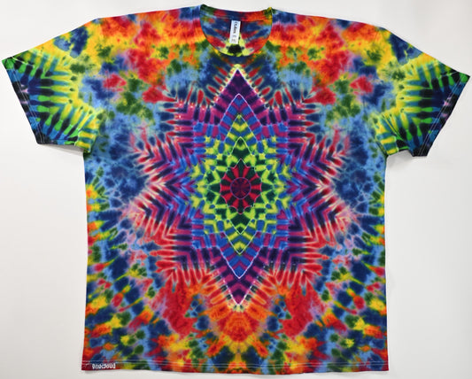 2X UV Reactive Neo DNA Decagram Front/Triangle Back/Zig Zag Sleeves/Rainbow Scrunch Tie Dye on a Tultex 290 Ringspun Cotton T-Shirt