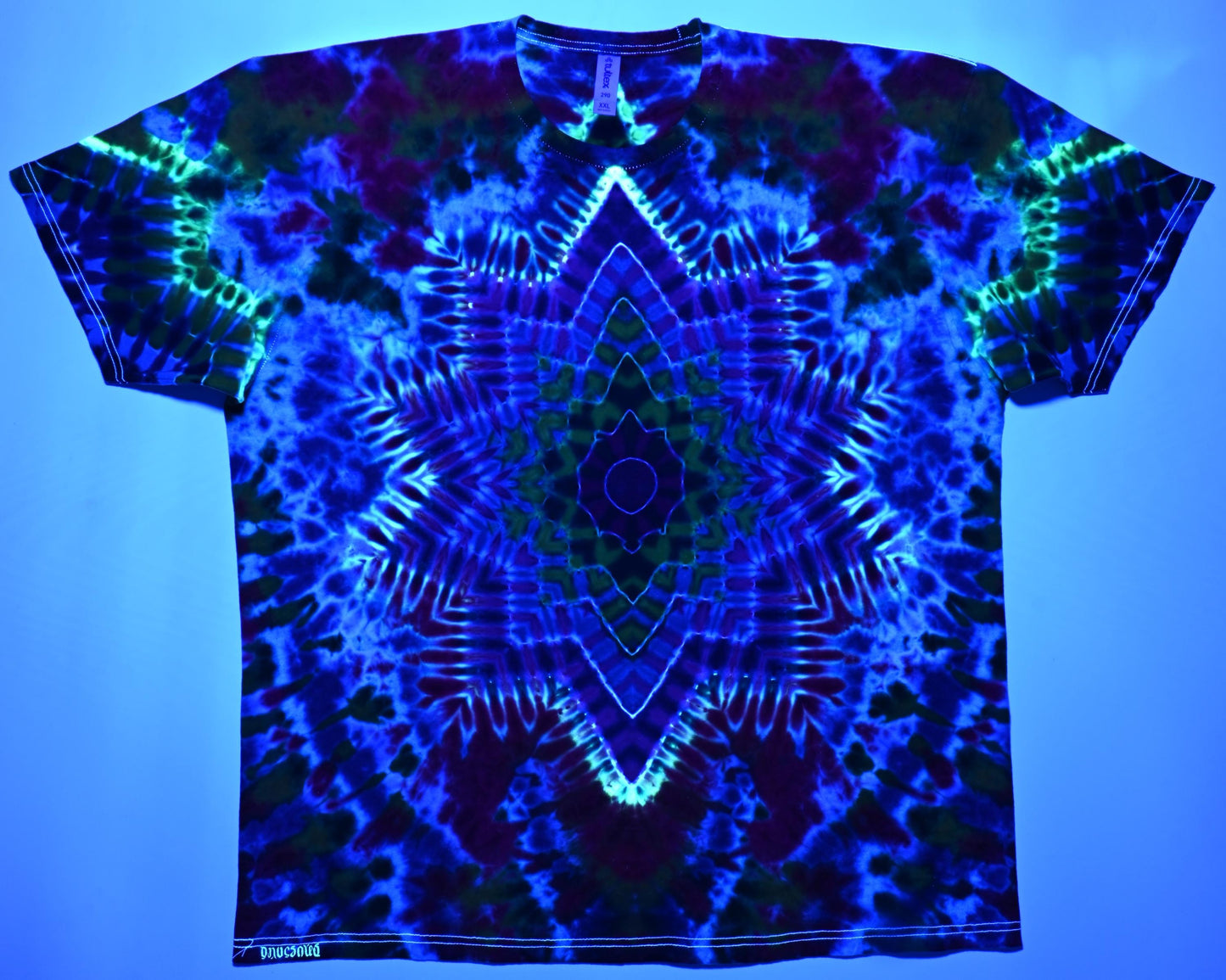 2X UV Reactive Neo DNA Decagram Front/Triangle Back/Zig Zag Sleeves/Rainbow Scrunch Tie Dye on a Tultex 290 Ringspun Cotton T-Shirt