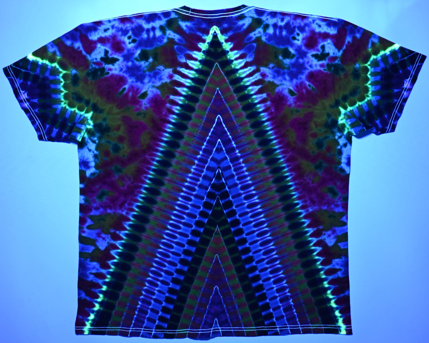 2X UV Reactive Neo DNA Decagram Front/Triangle Back/Zig Zag Sleeves/Rainbow Scrunch Tie Dye on a Tultex 290 Ringspun Cotton T-Shirt
