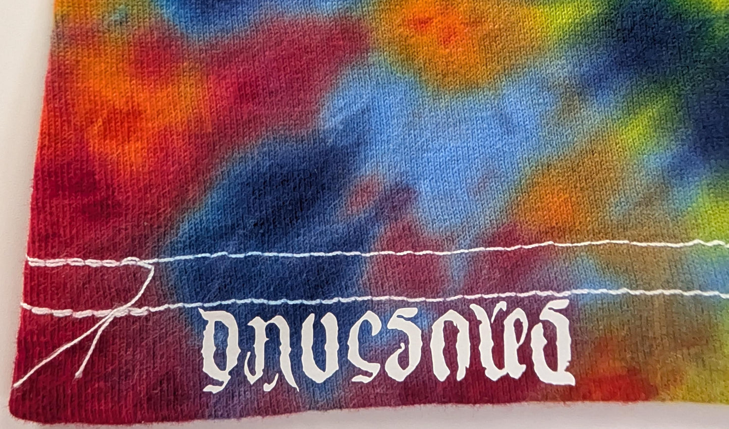 2X UV Reactive Neo DNA Decagram Front/Triangle Back/Zig Zag Sleeves/Rainbow Scrunch Tie Dye on a Tultex 290 Ringspun Cotton T-Shirt