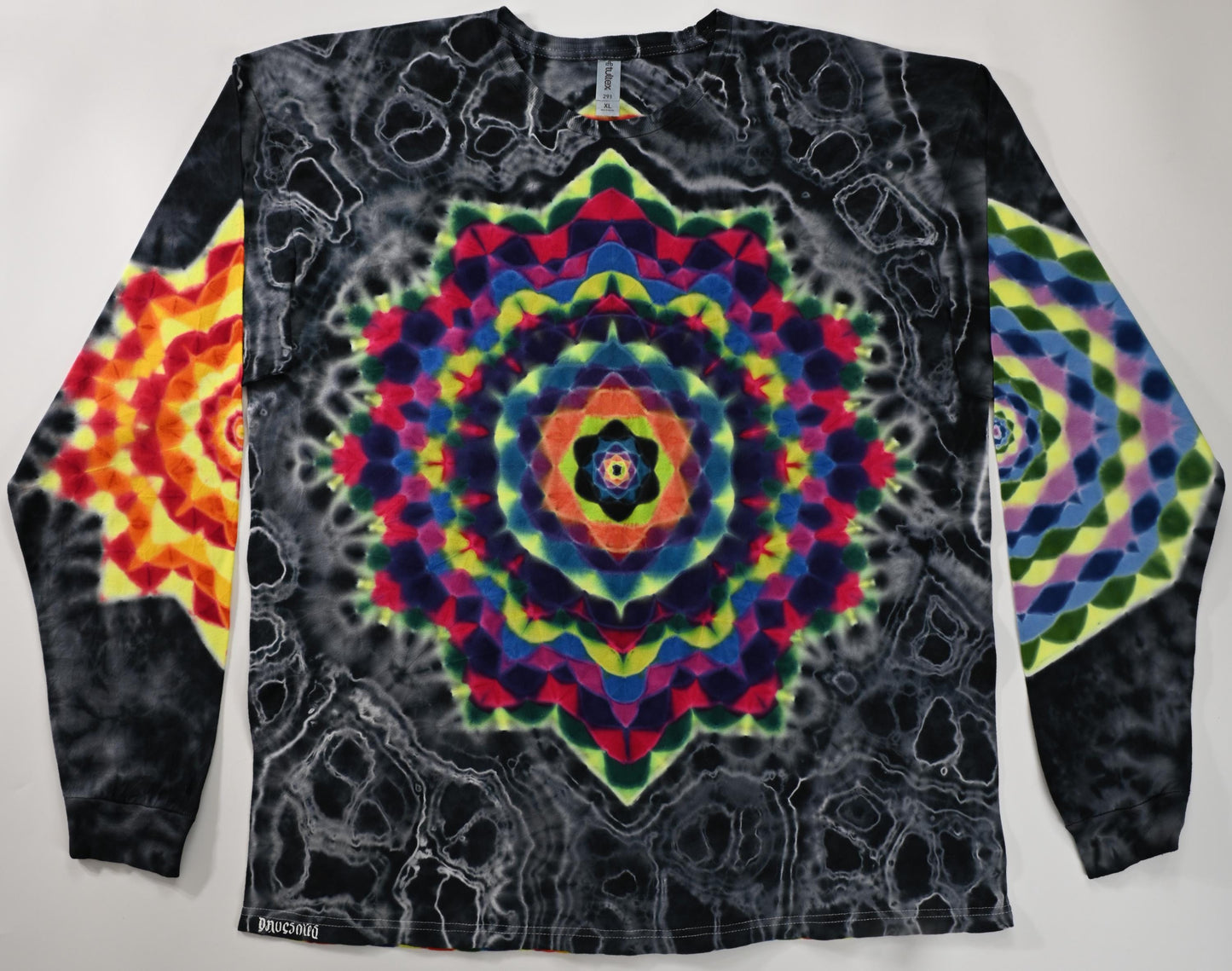 XL Super Heady UV Reactive Hexagon>Dodecagram Frnt/Geometric Tower Bck/Decagram R Slv/Octagon L Slv/Geode +Scrunch Tie Dye Long Slv Shirt