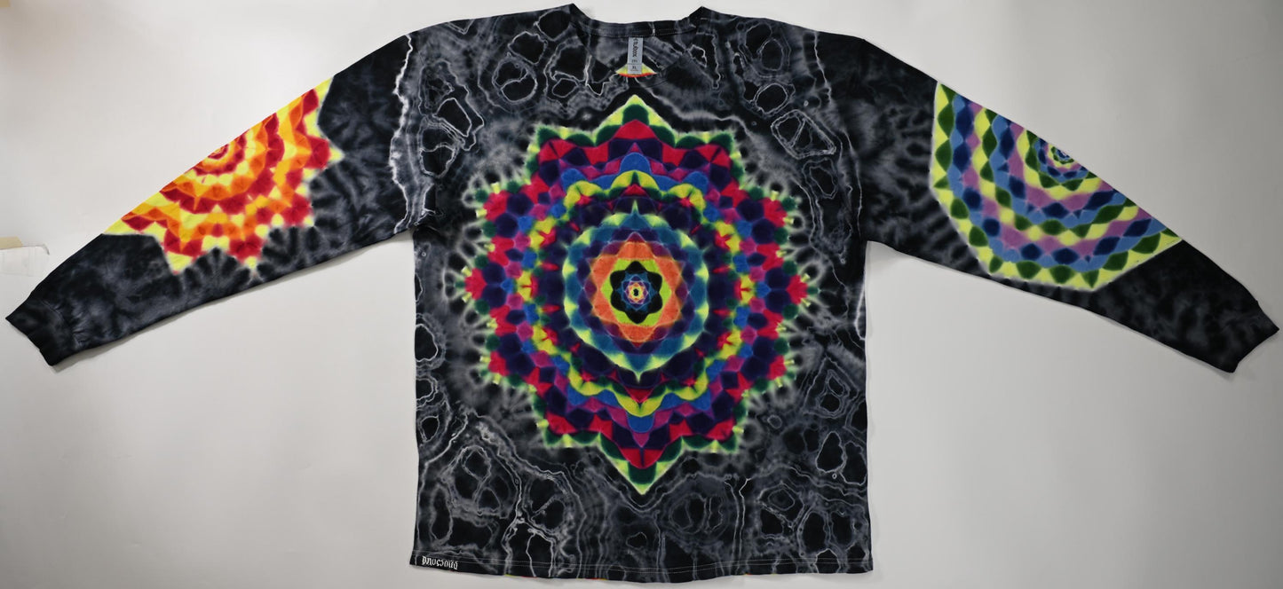 XL Super Heady UV Reactive Hexagon>Dodecagram Frnt/Geometric Tower Bck/Decagram R Slv/Octagon L Slv/Geode +Scrunch Tie Dye Long Slv Shirt
