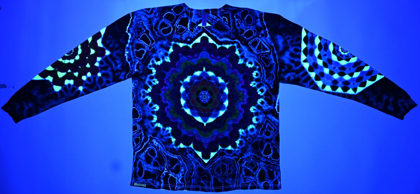XL Super Heady UV Reactive Hexagon>Dodecagram Frnt/Geometric Tower Bck/Decagram R Slv/Octagon L Slv/Geode +Scrunch Tie Dye Long Slv Shirt