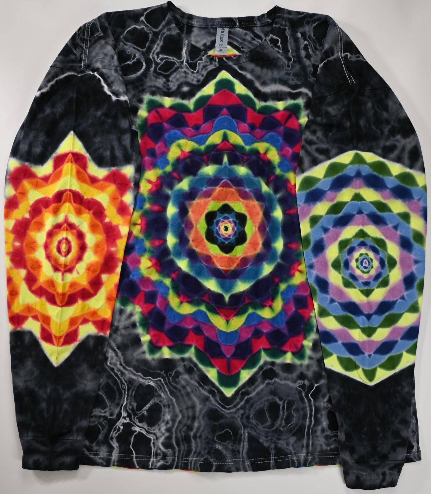 XL Super Heady UV Reactive Hexagon>Dodecagram Frnt/Geometric Tower Bck/Decagram R Slv/Octagon L Slv/Geode +Scrunch Tie Dye Long Slv Shirt