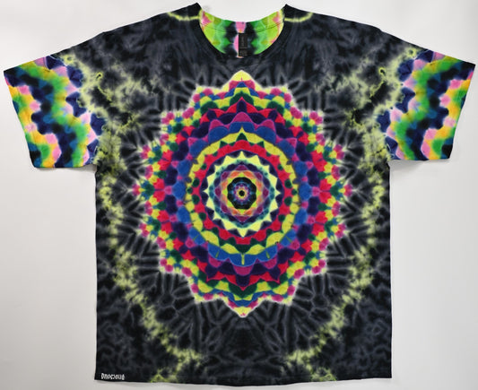 2X Dank & Heady UV Reactive Octagon>{16/4} Hexadecagram Frnt/Stepped Alien Spine Bck/Zig Zag Honeycomb Slvs, Scrunch Tie Dye Gildan T-Shirt