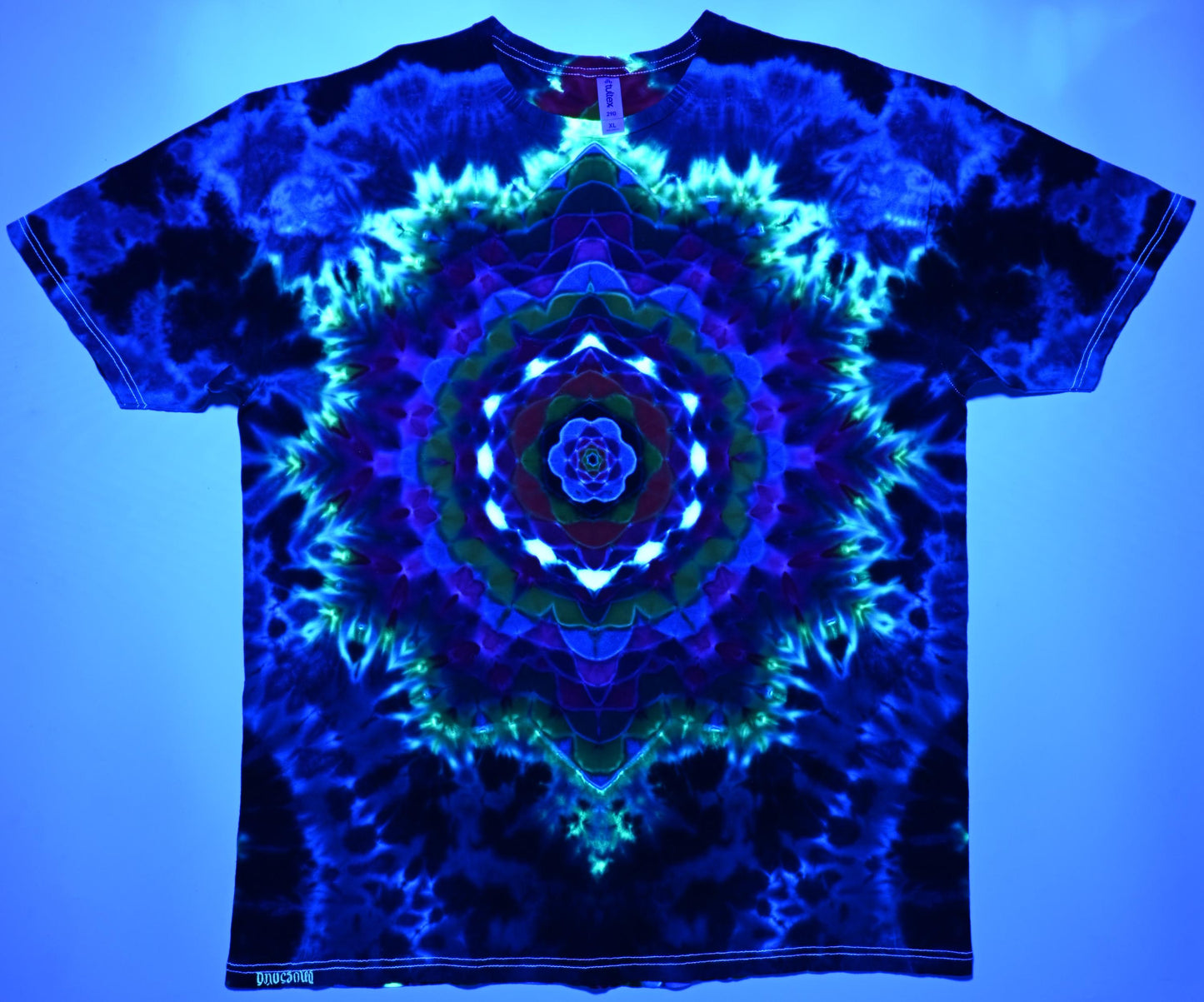 XL Heady UV Reactive Hexagon>{12/3} Dodecagram Front/ Geometric Tower Back/Scrunch Tie Dye on a Tultex 290 Ringspun Cotton T-Shirt