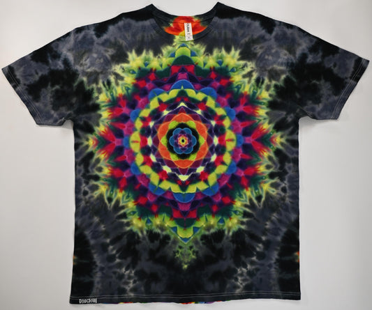 XL Heady UV Reactive Hexagon>{12/3} Dodecagram Front/ Geometric Tower Back/Scrunch Tie Dye on a Tultex 290 Ringspun Cotton T-Shirt