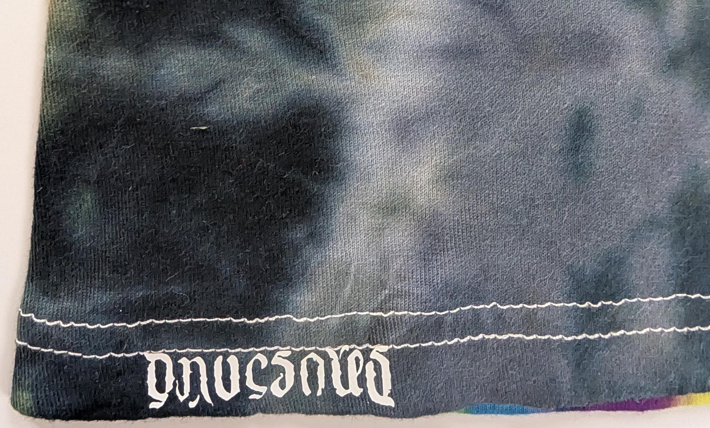 XL Heady UV Reactive Hexagon>{12/3} Dodecagram Front/ Geometric Tower Back/Scrunch Tie Dye on a Tultex 290 Ringspun Cotton T-Shirt