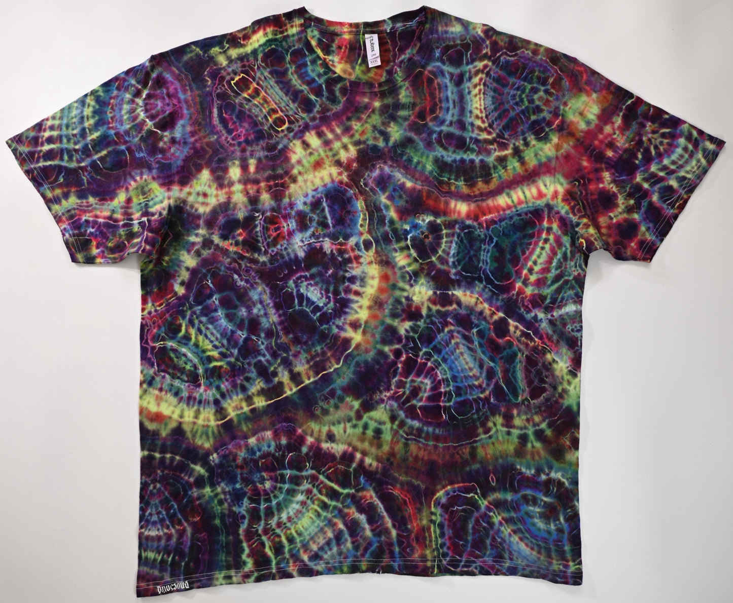 3X UV Reactive Cosmic Egg/Geode Hybrid Tie Dye in my Ethereal Pulse (plus UV Reactive) Color Palette on a Tultex 290 Ringspun Cotton T-Shirt