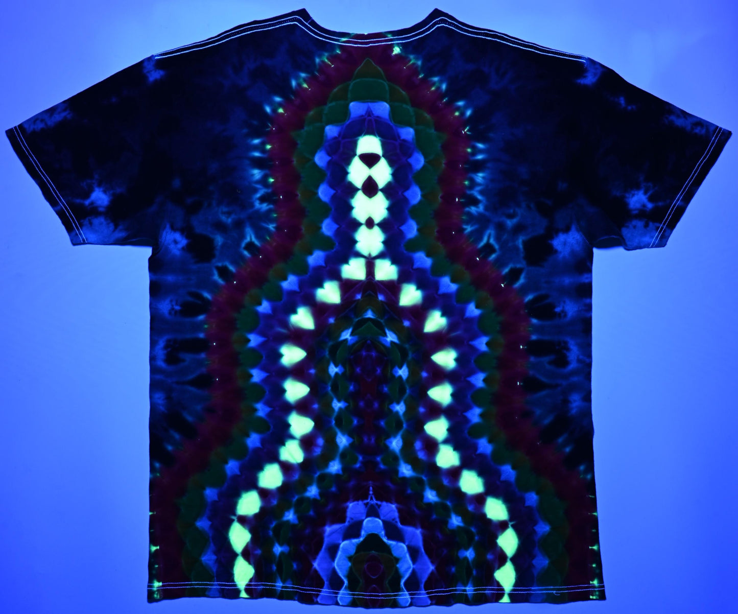 XL Heady UV Reactive Hexagon>{12/3} Dodecagram Front/ Geometric Tower Back/Scrunch Tie Dye on a Tultex 290 Ringspun Cotton T-Shirt