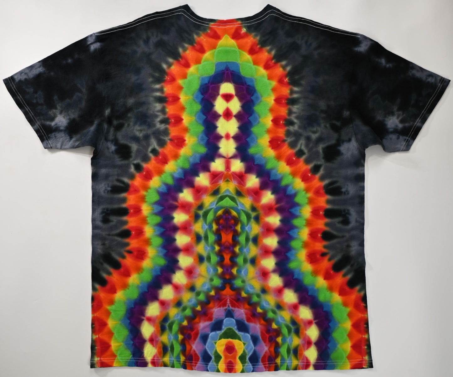 XL Heady UV Reactive Hexagon>{12/3} Dodecagram Front/ Geometric Tower Back/Scrunch Tie Dye on a Tultex 290 Ringspun Cotton T-Shirt