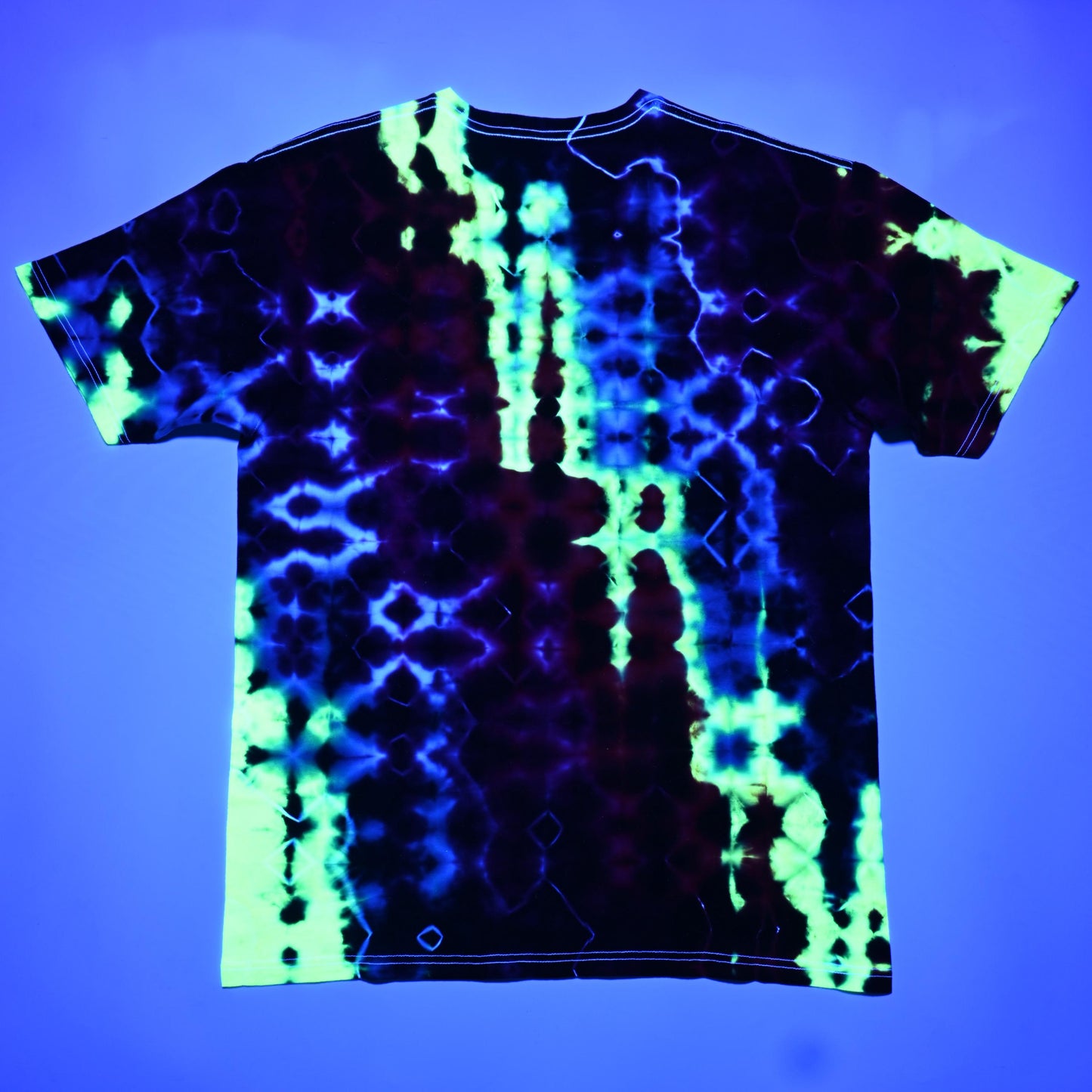 Large Glitch Tie Dye in my "Neon Vortex" UV Reactive Color Palette on a Tultex 290 Ringspun Cotton T-Shirt