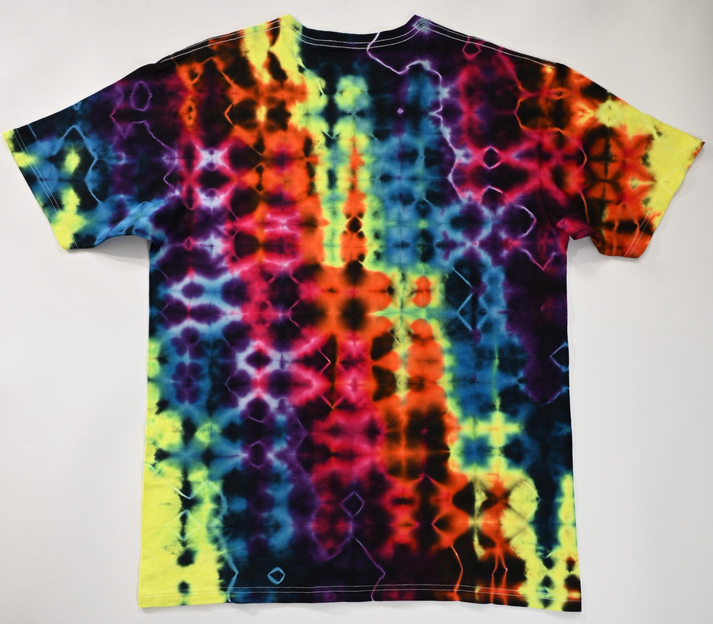 Large Glitch Tie Dye in my "Neon Vortex" UV Reactive Color Palette on a Tultex 290 Ringspun Cotton T-Shirt