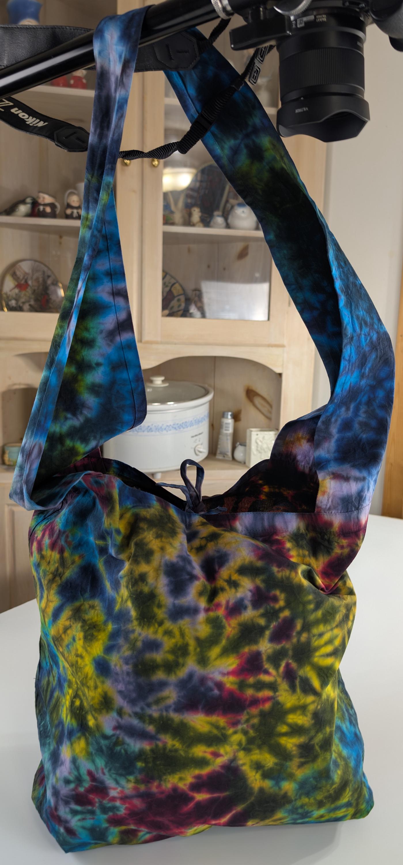 Blacked out Rainbow Rorscach Scrunch Tie Dye on a Dharma Trading Company Cotton Hobo Bag