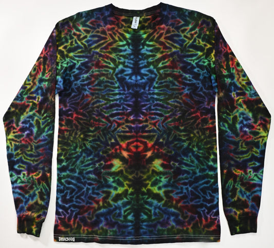Medium Blacked Out Rainbow Rorscach Scrunch Tie dye on a Tultex 291 Ringspun Cotton Long Sleeve Shirt