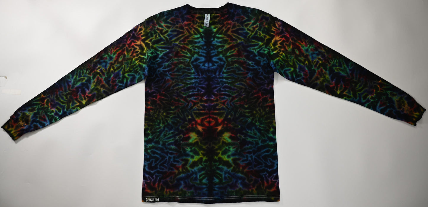 Medium Blacked Out Rainbow Rorscach Scrunch Tie dye on a Tultex 291 Ringspun Cotton Long Sleeve Shirt