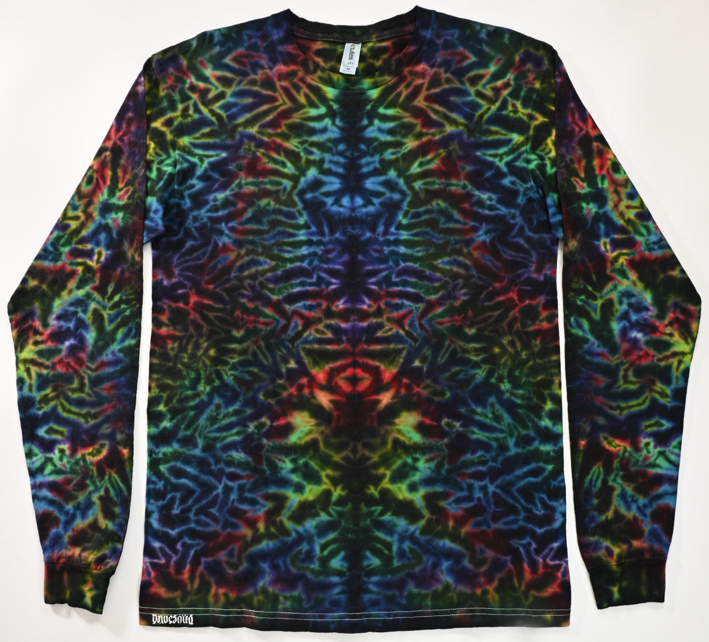 Medium Blacked Out Rainbow Rorscach Scrunch Tie dye on a Tultex 291 Ringspun Cotton Long Sleeve Shirt
