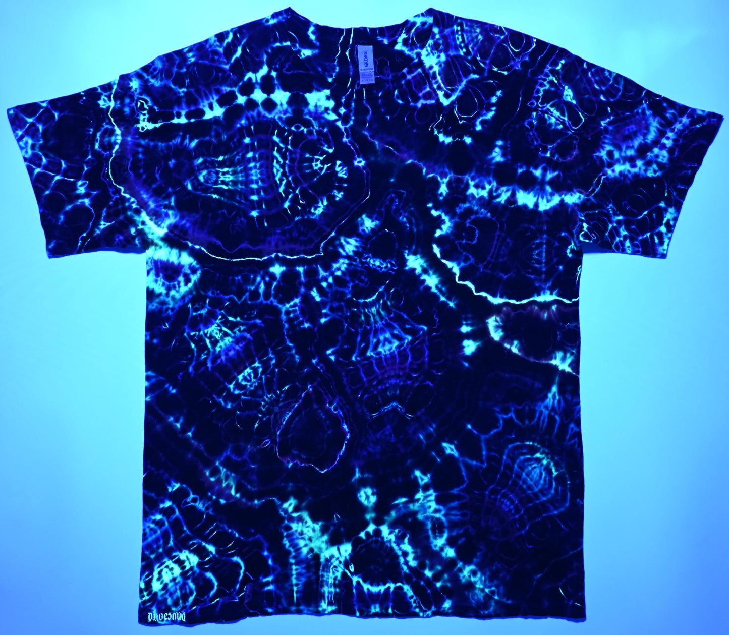 XL UV Reactive Cosmic Egg/Geode Hybrid Tie Dye in my Neon Vortex palette on a Gildan Ultra Cotton PFD (Prepared for Dye) T-Shirt