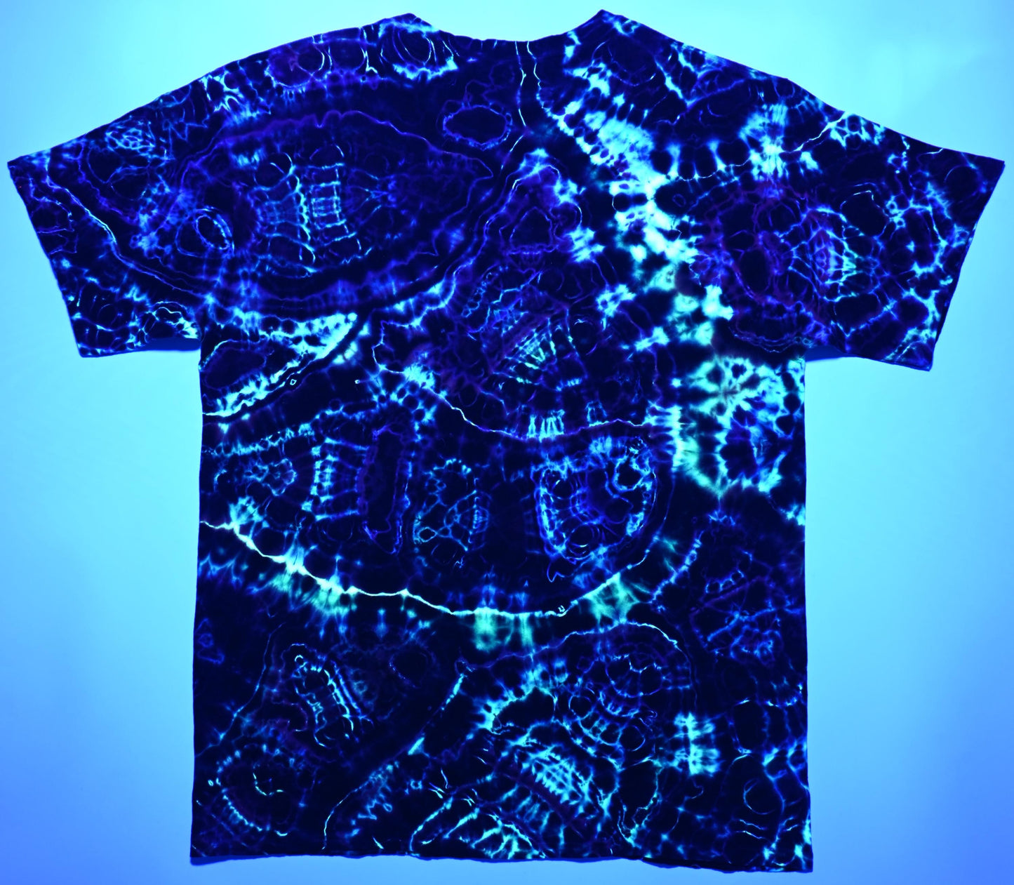 XL UV Reactive Cosmic Egg/Geode Hybrid Tie Dye in my Neon Vortex palette on a Gildan Ultra Cotton PFD (Prepared for Dye) T-Shirt