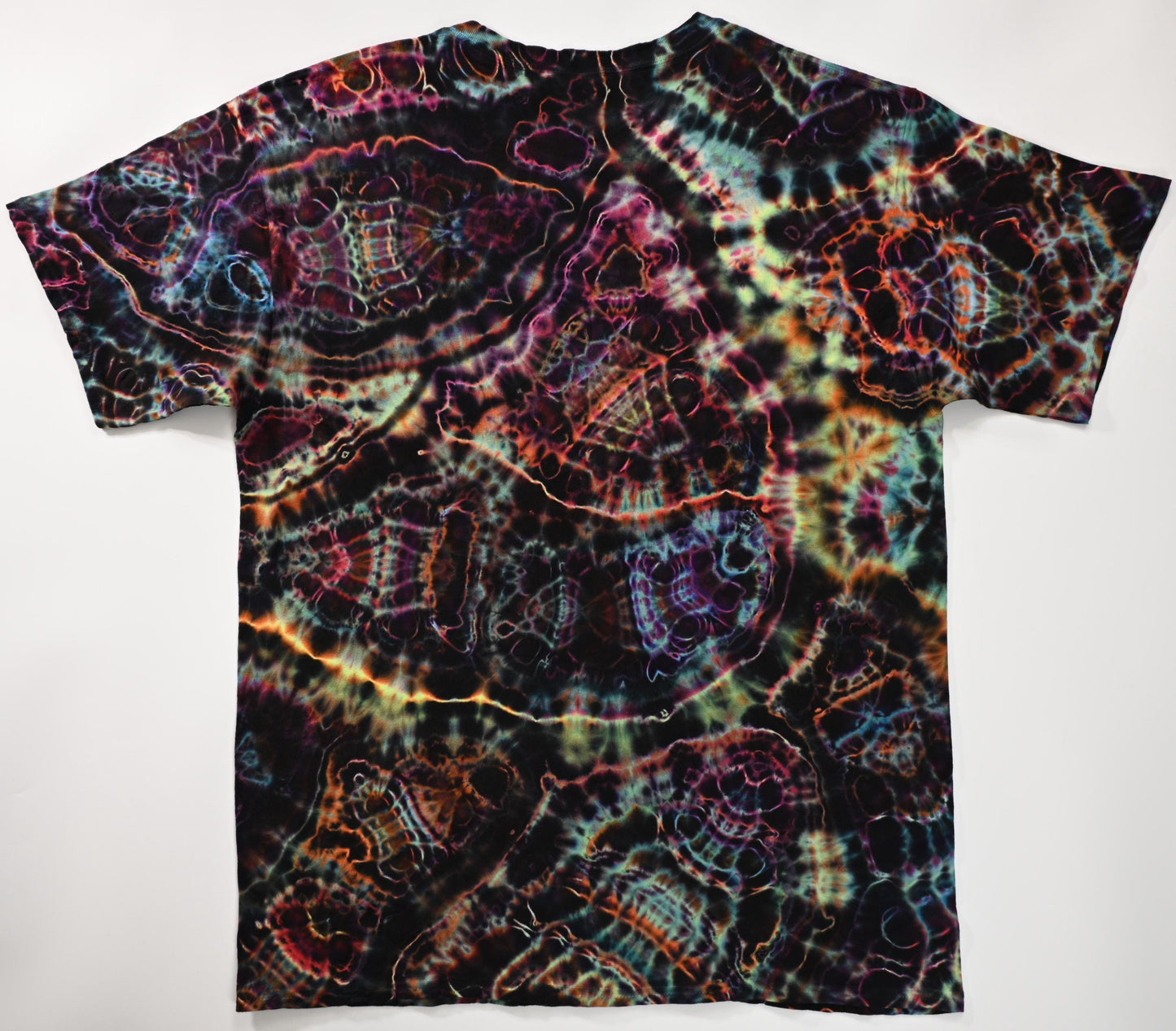 XL UV Reactive Cosmic Egg/Geode Hybrid Tie Dye in my Neon Vortex palette on a Gildan Ultra Cotton PFD (Prepared for Dye) T-Shirt
