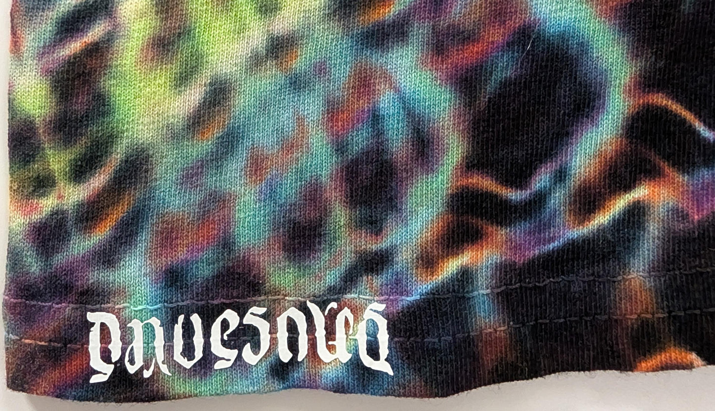 XL UV Reactive Cosmic Egg/Geode Hybrid Tie Dye in my Neon Vortex palette on a Gildan Ultra Cotton PFD (Prepared for Dye) T-Shirt