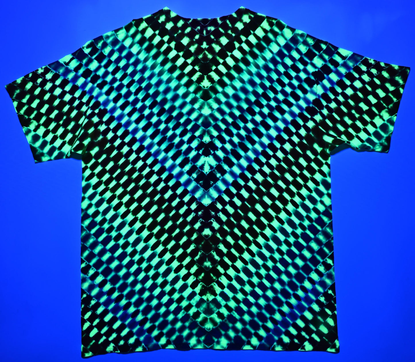 minor repaired boo-boo# 2X V Uv Neo DNA Uv Reactive Tie Dye on a Gildan Ultra Cotton PFD (Prepared for Dye) T-Shirt - Read Description