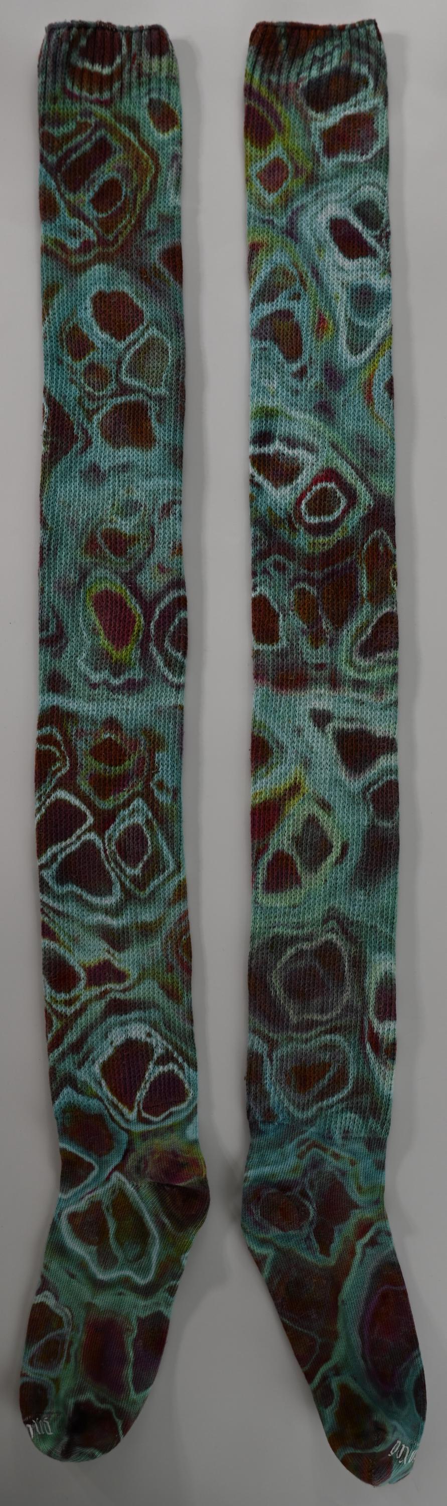 Geode Ice Dye Tie Dye on a Pair of Dharma Trading Company Cotton Blend (89% Cotton/9 Nylon/2 Spandex) Thigh High Socks