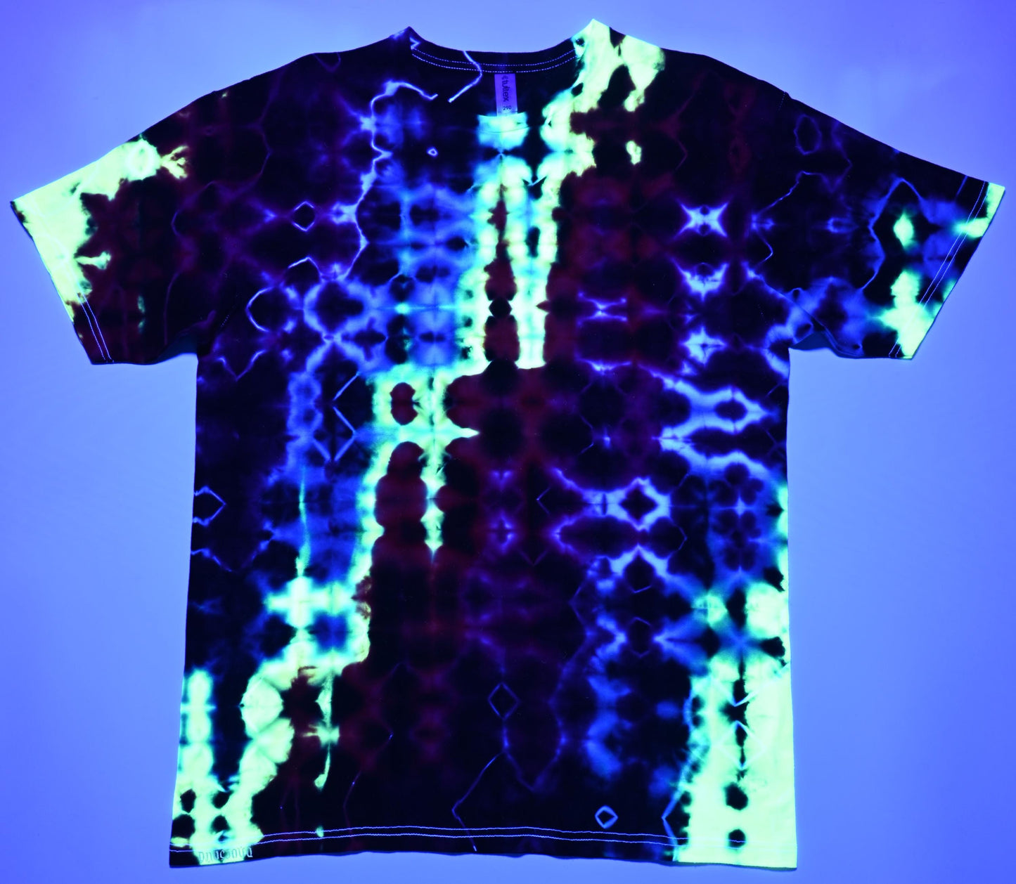 Large Glitch Tie Dye in my "Neon Vortex" UV Reactive Color Palette on a Tultex 290 Ringspun Cotton T-Shirt