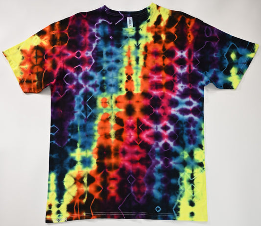 Large Glitch Tie Dye in my "Neon Vortex" UV Reactive Color Palette on a Tultex 290 Ringspun Cotton T-Shirt