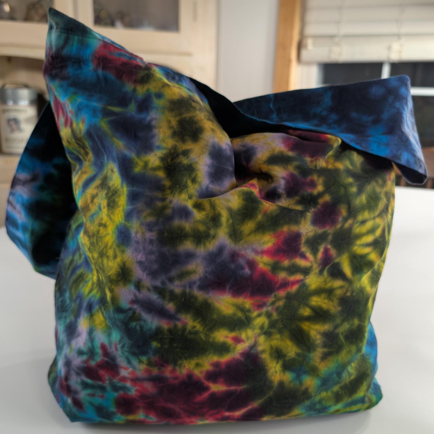 Blacked out Rainbow Rorscach Scrunch Tie Dye on a Dharma Trading Company Cotton Hobo Bag