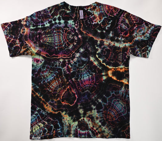 XL UV Reactive Cosmic Egg/Geode Hybrid Tie Dye in my Neon Vortex palette on a Gildan Ultra Cotton PFD (Prepared for Dye) T-Shirt