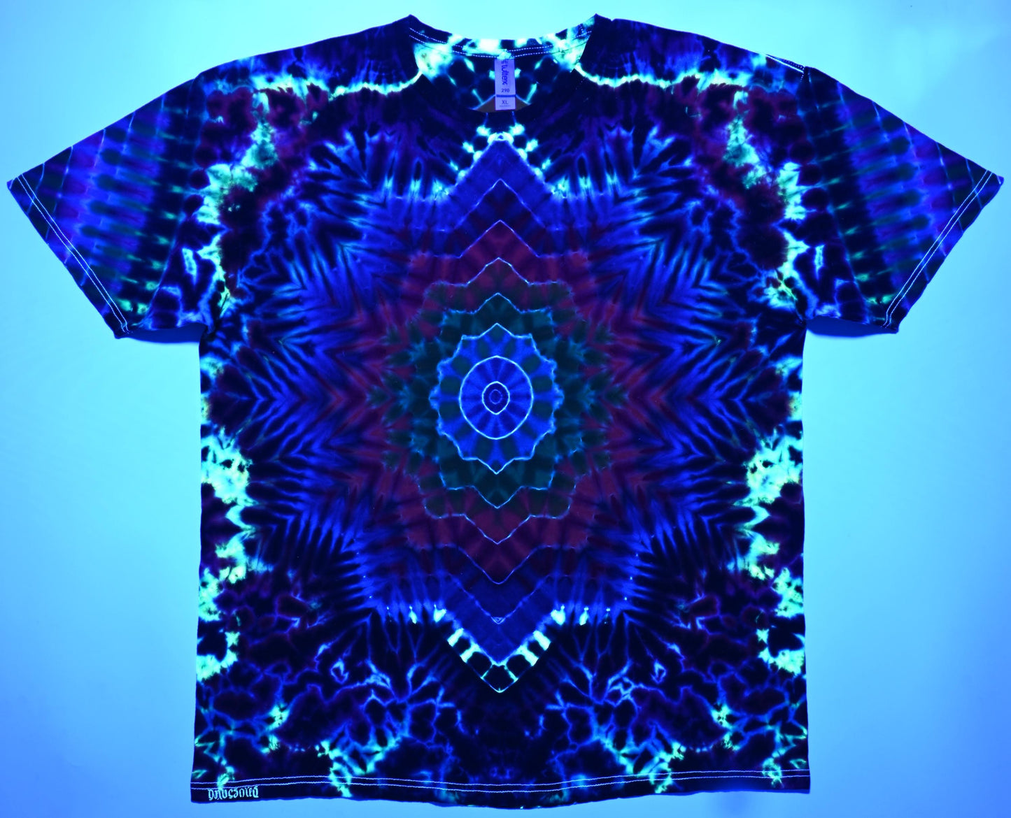 XL UV Reactive Dodecagram Neo DNA Frnt/ Triple Hexagon Spine/Triangle Sleeves/Scrunch Filler Tie Dye on a Tultex 290 Ringspun Cotton T-Shirt