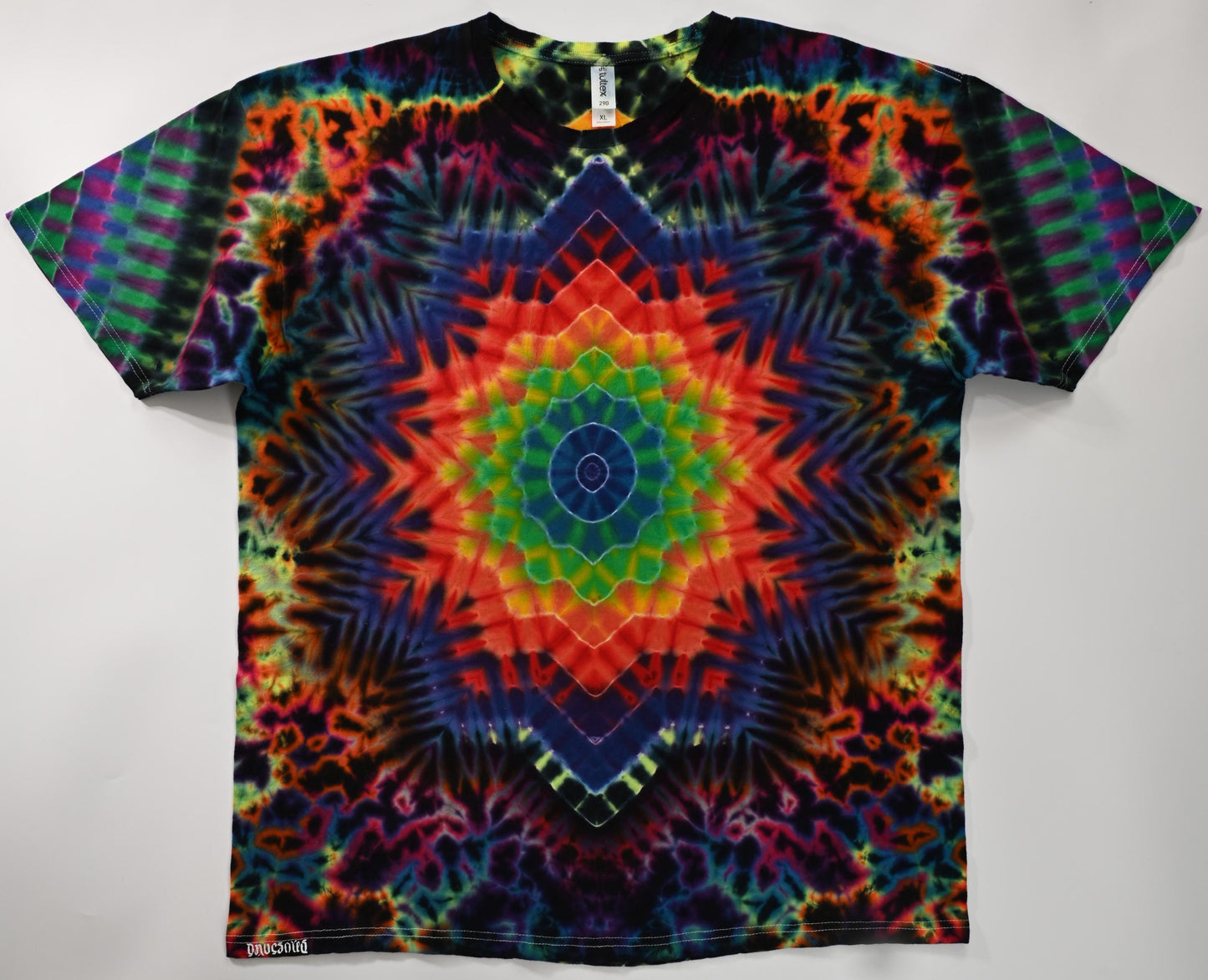 XL UV Reactive Dodecagram Neo DNA Frnt/ Triple Hexagon Spine/Triangle Sleeves/Scrunch Filler Tie Dye on a Tultex 290 Ringspun Cotton T-Shirt