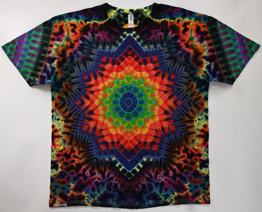 XL UV Reactive Dodecagram Neo DNA Frnt/ Triple Hexagon Spine/Triangle Sleeves/Scrunch Filler Tie Dye on a Tultex 290 Ringspun Cotton T-Shirt