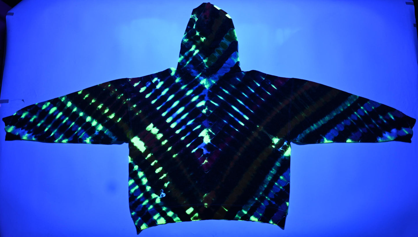 minor repaired boo-boo# 2X V UV-DNA Uv Reactive Tie Dye on a Hanes Ultimate Cotton Pullover Hoodie w/ Front Pocket - Read Description