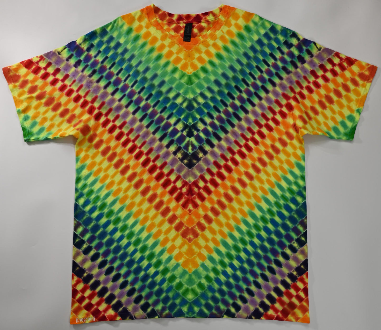 minor repaired boo-boo# 2X V Uv Neo DNA Uv Reactive Tie Dye on a Gildan Ultra Cotton PFD (Prepared for Dye) T-Shirt - Read Description