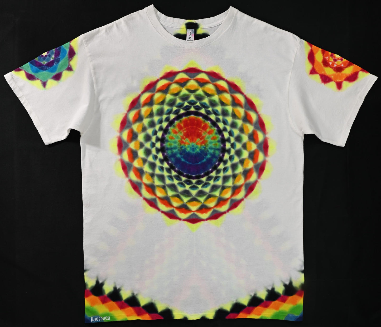 XL Snow White Series UV Reactive 20Pt Mandala w/ Ripple Cntr Frnt/Wrap Around  Tower Bck/ Hexagon Slvs Tie Dye on a Gildan Ultra PFD T-Shirt