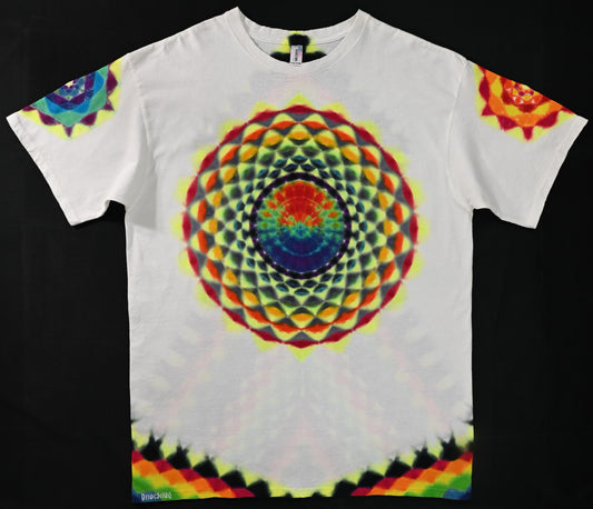 XL Snow White Series UV Reactive 20Pt Mandala w/ Ripple Cntr Frnt/Wrap Around  Tower Bck/ Hexagon Slvs Tie Dye on a Gildan Ultra PFD T-Shirt