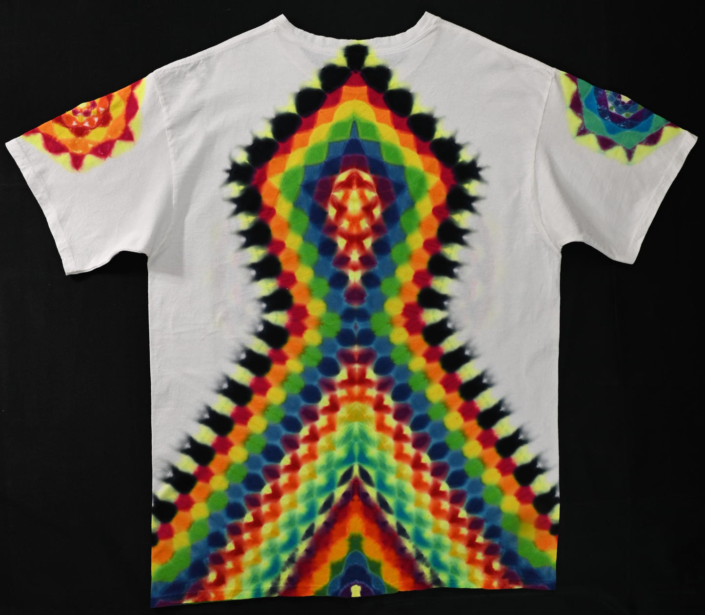 XL Snow White Series UV Reactive 20Pt Mandala w/ Ripple Cntr Frnt/Wrap Around  Tower Bck/ Hexagon Slvs Tie Dye on a Gildan Ultra PFD T-Shirt