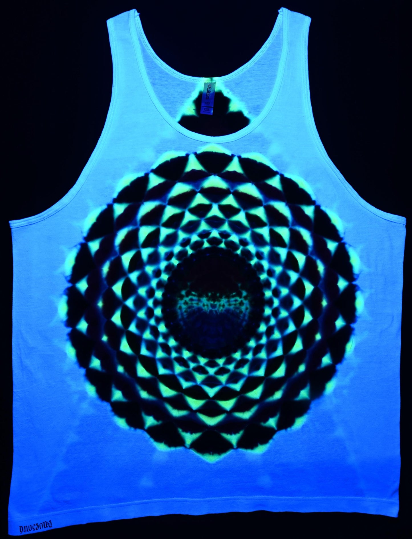 2X “Snow White Series” UV Reactive 20 Pt Mandala w/ Ripple Center Front/Geometric Tower Back Tie Dye on a Tultex 105 Tank Top