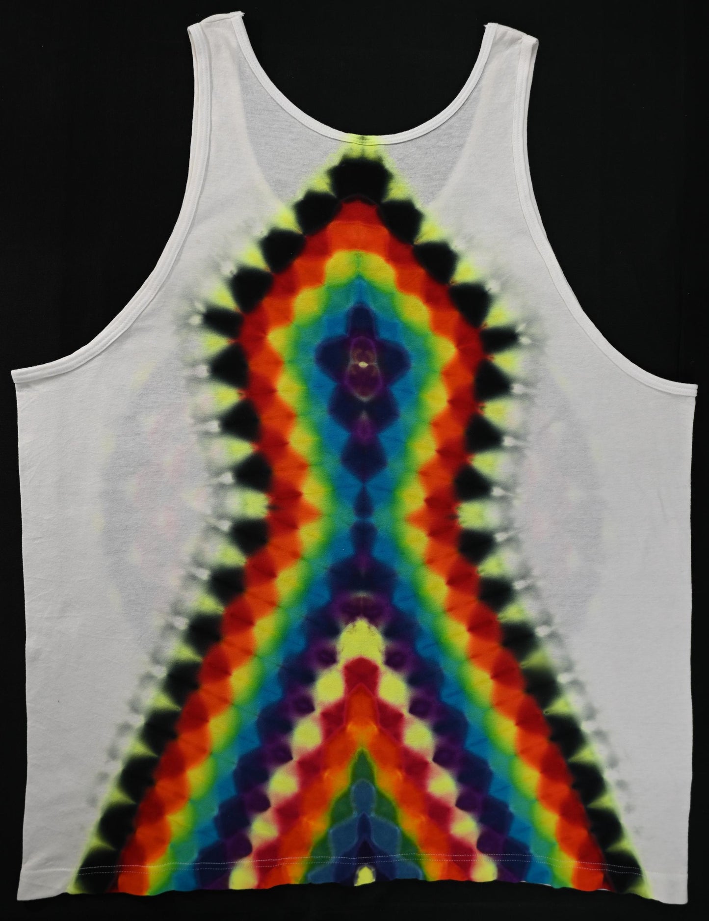 2X “Snow White Series” UV Reactive 20 Pt Mandala w/ Ripple Center Front/Geometric Tower Back Tie Dye on a Tultex 105 Tank Top